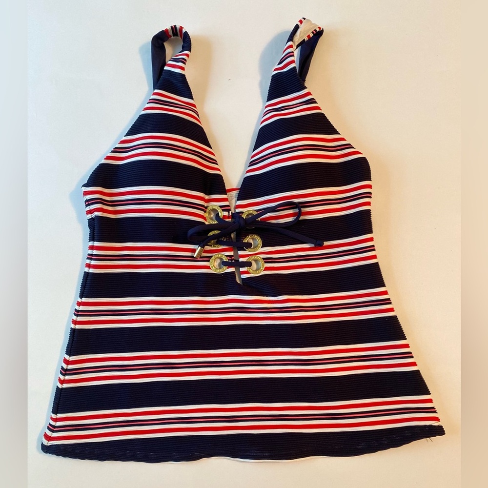 La Blanca Navy Red White Striped Lace-Up Tankini